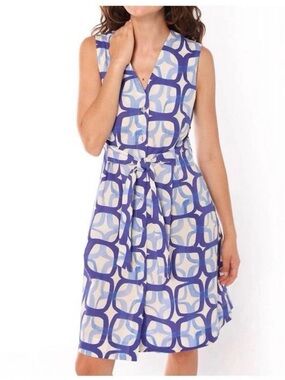 NWT Vilagallo Nina Sleeveless Blue Geometric Tie-Waist Dress Size 38 Womens 8
